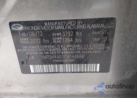 2012 Hyundai Elantra Gls z USA, uszkodzony, nr VIN 5NPDH4AE0CH144988